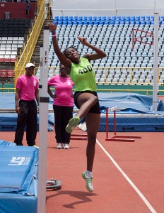 Khemani Roberts in action in the Girls Under 20 high jump on the first day of the Secondary Schools Track and Field Championships at the Hasely Crawford Stadium, Mucurapo (April 15, 2015).