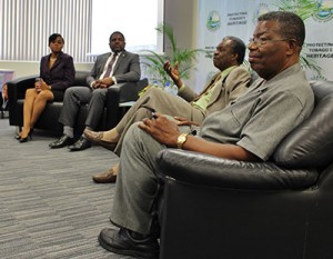 Second from right: THA Chief Secretary Orville London addressing a question posed by an intern at the YES Self Governance Discussion. At the far right is Former Chief Secretary, Mr. Hochoy Charles. Far left is YES Asst. Programme Director-Ms. Shamfa Cudjoe and Secretary of Finance-Mr. Joel Jack respectively.
