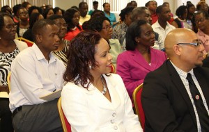 Participants listen keenly to the IPO presentations made at the NGL Initial Public Offering Seminar held at the Victor E. Bruce Financial Complex. Among the seated guests were Unit Trust Corporation’s Vice President of Advisory Services- Mrs. Amoy Van Lowe and Sales Manager- Mr. Omar Holder as well as the Director of Finance, Mrs. Esther Pilgrim Soanes.