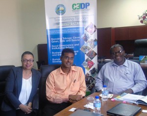 Left – right Ms Gisele Telfer, Public Education Administrator and Mr Ronald Roach, General Manager of Operations, SWMCOL, meet with Dr Elton Bobb, Coordinator, CEDP Secretariat to discuss waste management opportunities for Tobago. 