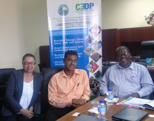 Left – right Ms Gisele Telfer, Public Education Administrator and Mr Ronald Roach, General Manager of Operations, SWMCOL, meet with Dr Elton Bobb, Coordinator, CEDP Secretariat to discuss waste management opportunities for Tobago.